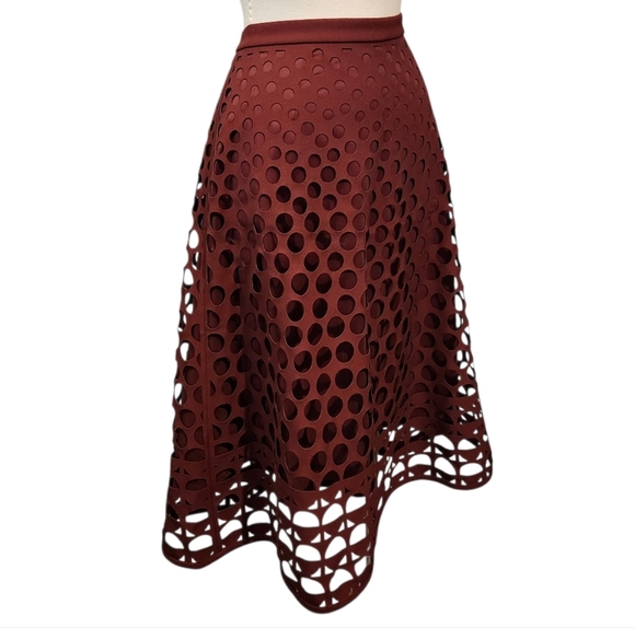 EUC J CREW BURGUNDY LASER CUT-OUT GEOMETRIC A-LINE MIDI SKIRT, SZ4 - Picture 7 of 14